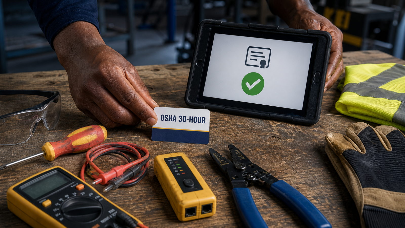 An OSHA 30-hour card and a tablet showing a completed credential record on a workbench with hand tools