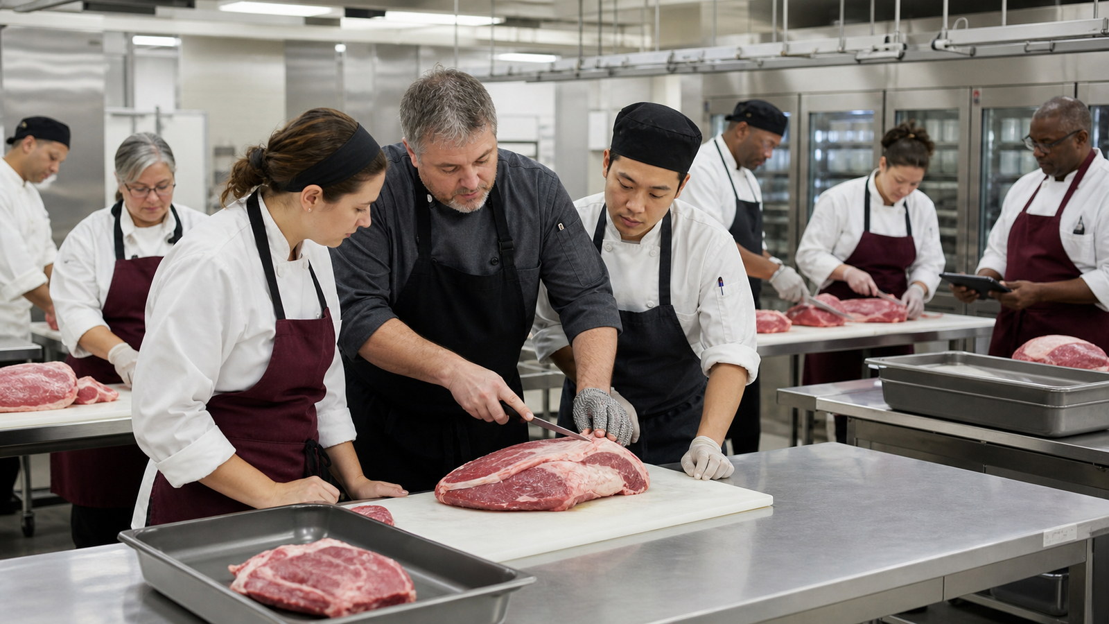 A chef instructor demonstrating butchery technique to culinary trainees