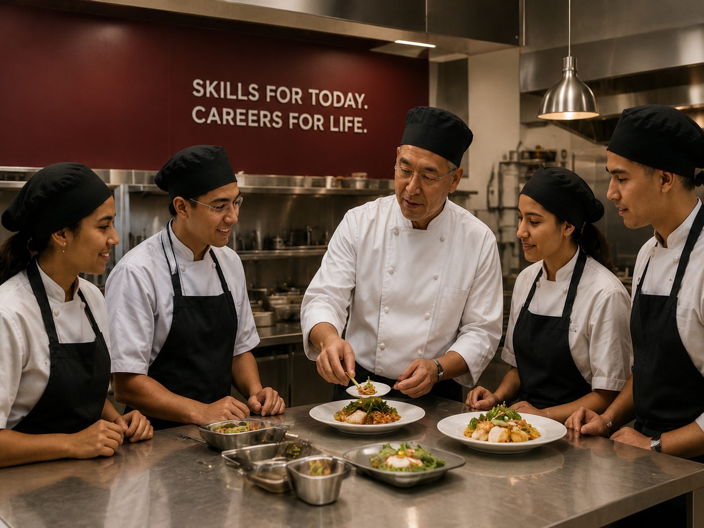 Legacy Work Academy culinary training — chef instructor plating with students