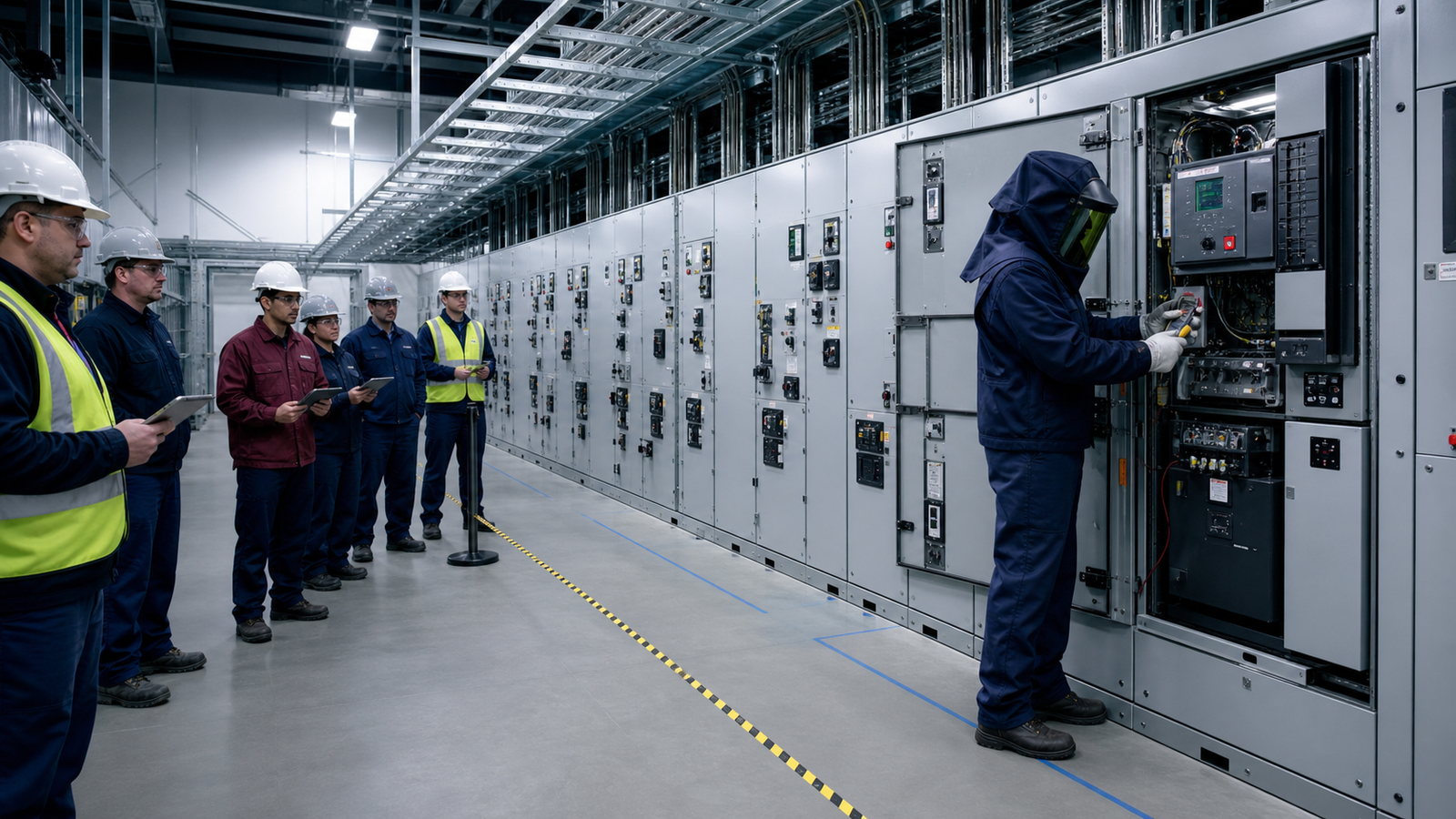 Trainees observing an electrician in arc-flash protection working a switchgear lineup