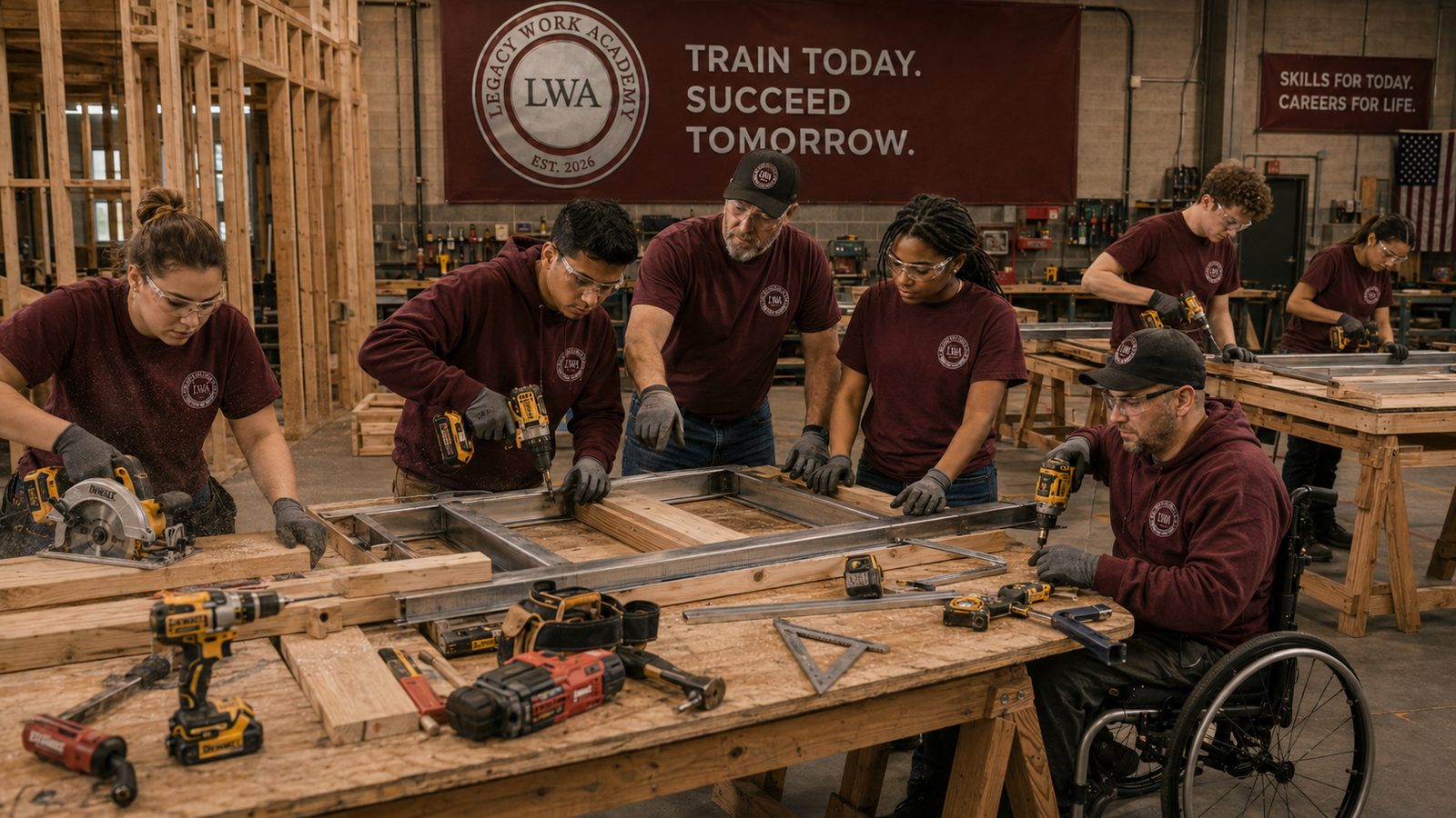 Legacy Work Academy trainees framing and assembling under instruction