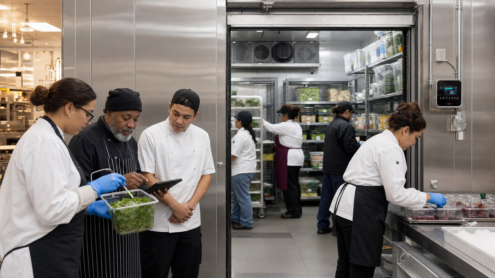 A chef reviewing inventory and temperature records on a tablet at the walk-in cooler with kitchen staff working behind