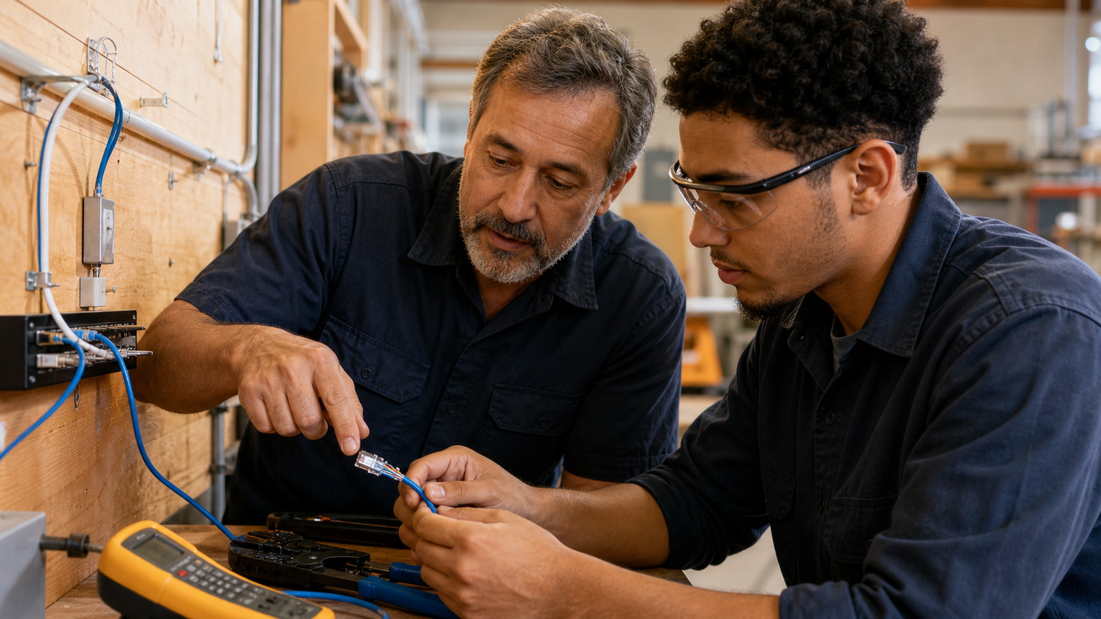 An instructor working one-on-one with a trainee terminating low-voltage cable at a bench