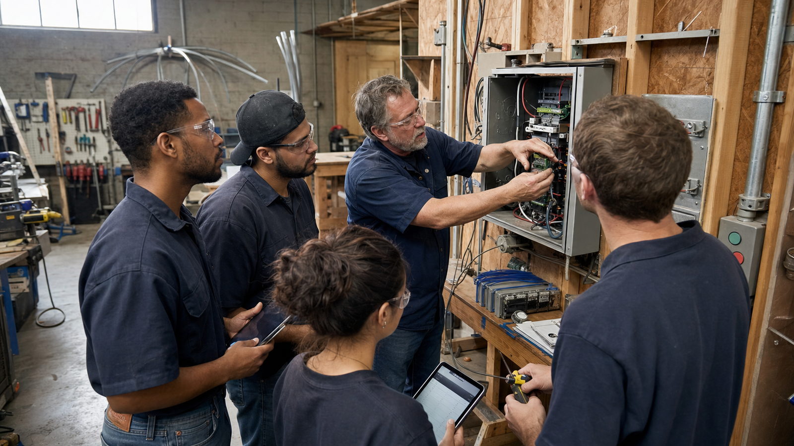 An instructor demonstrating panel wiring to trainees in the shop