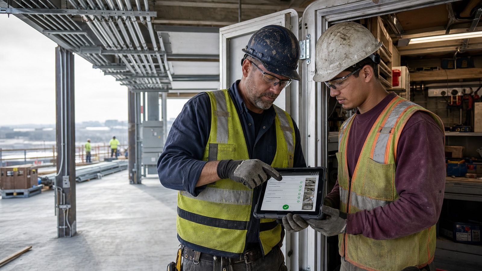 A journey-level supervisor reviewing completed task sign-offs with a trainee on a tablet at a jobsite