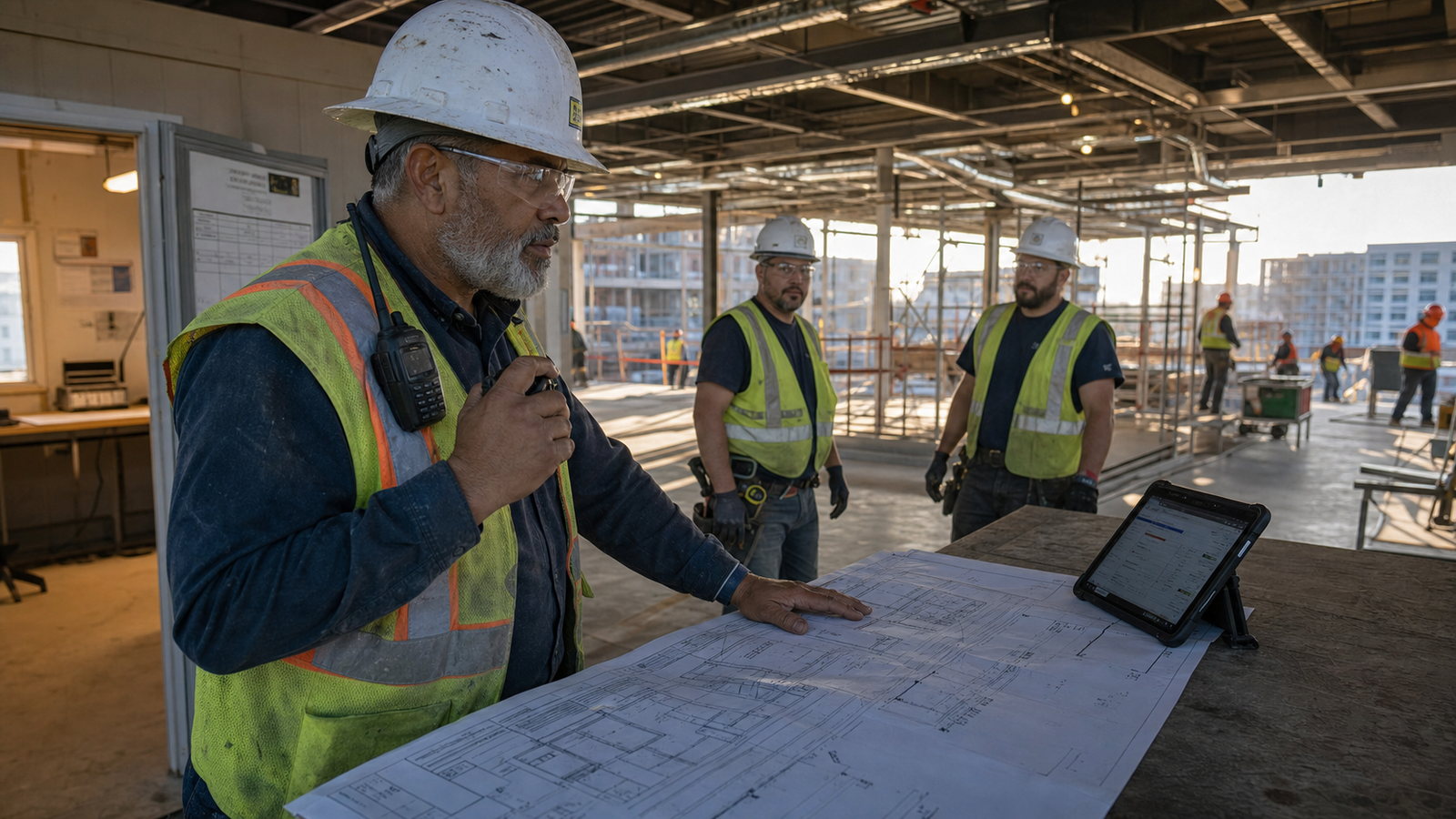 A superintendent directing a crew at a jobsite plan table with drawings and a tablet