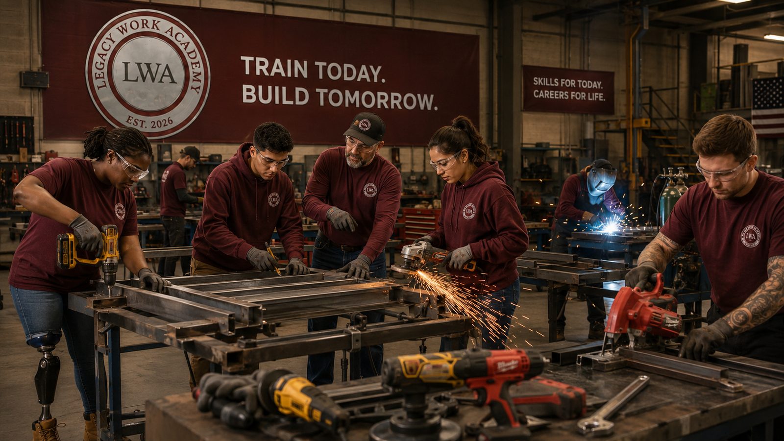 Legacy Work Academy trainees and instructor working in the metal and welding shop