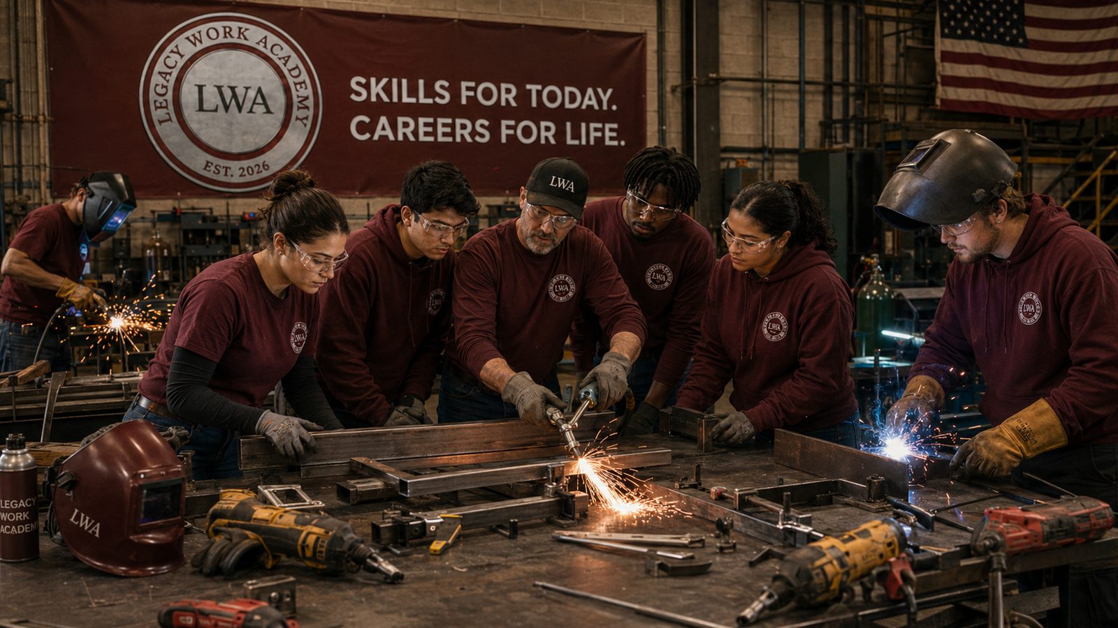 A Legacy Work Academy instructor demonstrating a torch cut to a group of trainees
